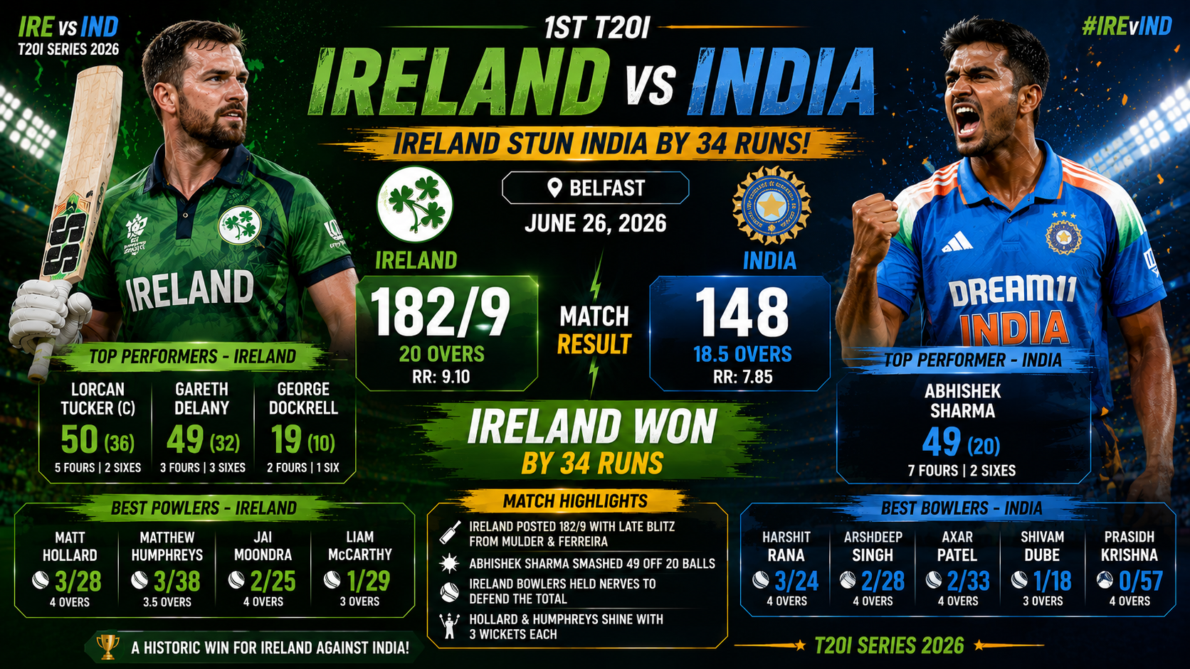 IRE vs IND- 1st T20I, 26 June 2026- Ireland Shock India by 34 Runs in Stunning First T20I Victory at Belfast !