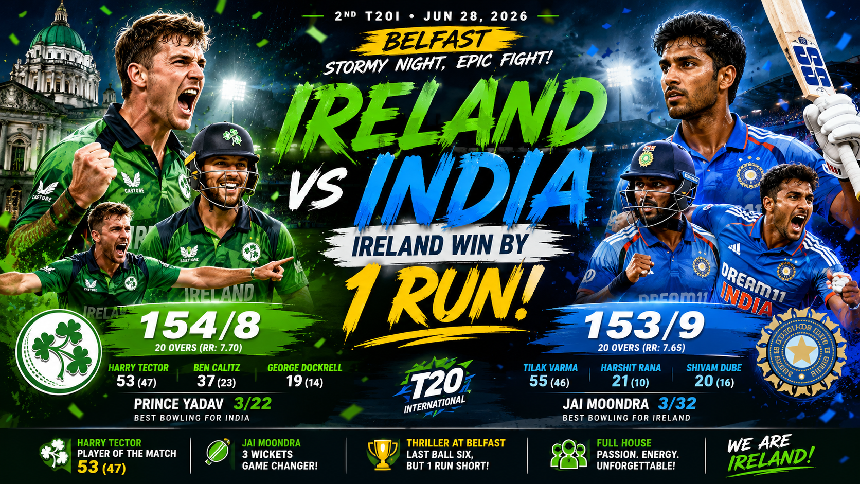 IRE vs IND- 2nd T20I, 28 June 2026- Ireland Shocked India by 1 Run in Thrilling 2nd T20I at Belfast