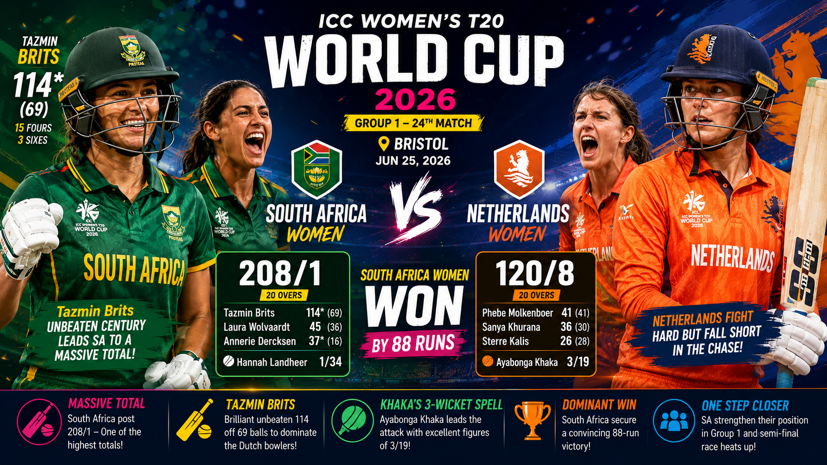 NL-W vs SA-W, Womens T20 WC, 25 June 2026- Tazmin Brits' Magnificent Unbeaten 114 Powers South Africa Women to Dominant 88-Run Victory Over Netherlands