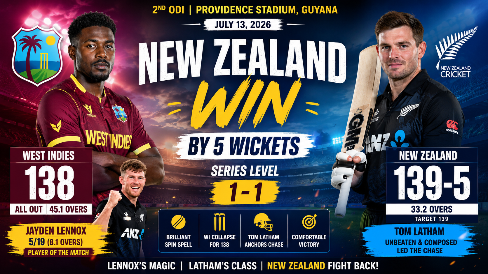 West Indies vs New Zealand, 2nd ODI,July 13, 2026: Jayden Lennox's Five-Wicket Masterclass Levels the Series