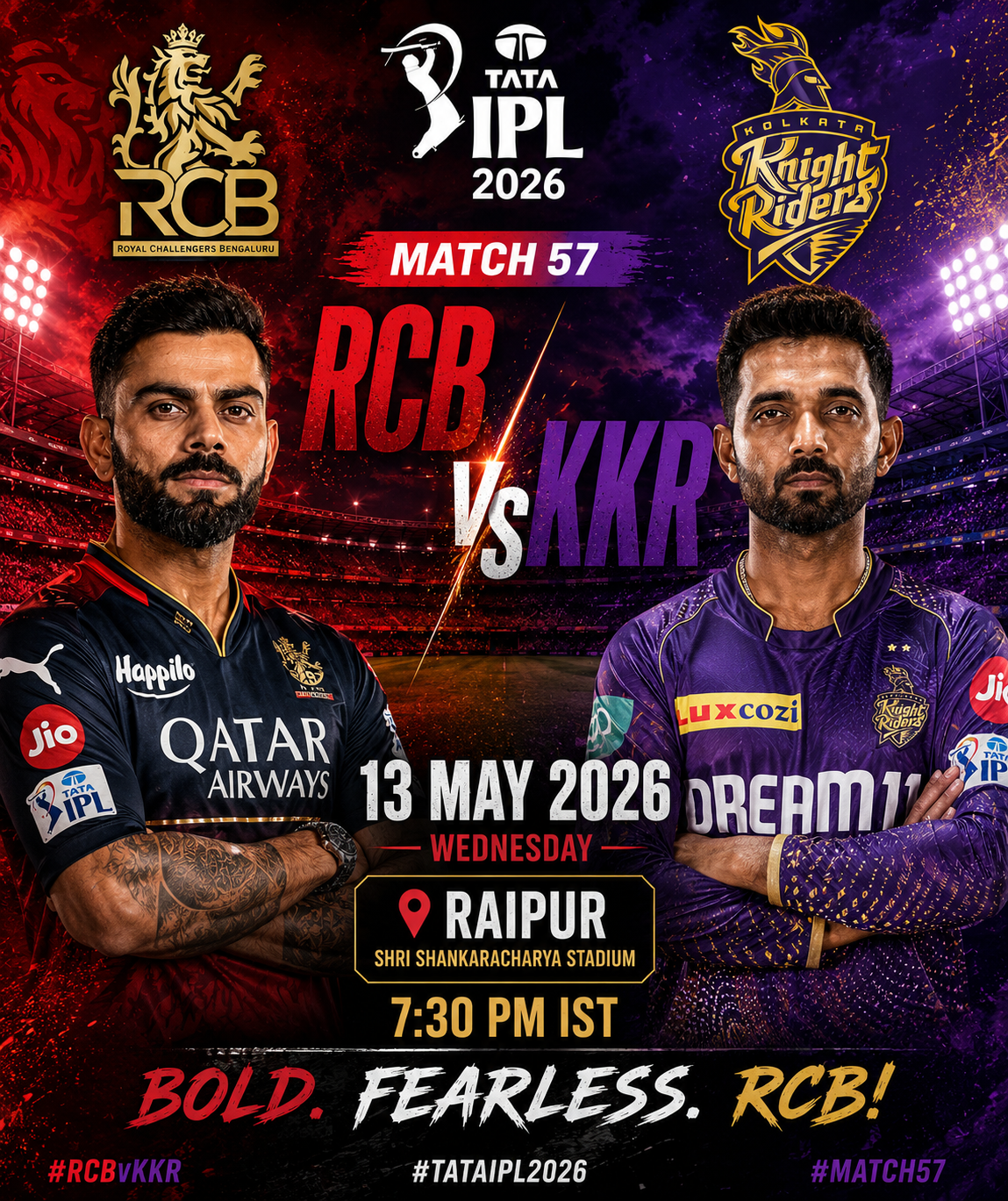 RCB vs KKR, IPL 2026, 13th May : Virat Kohli’s Stunning Century Powers Bengaluru Past Kolkata at Raipur !