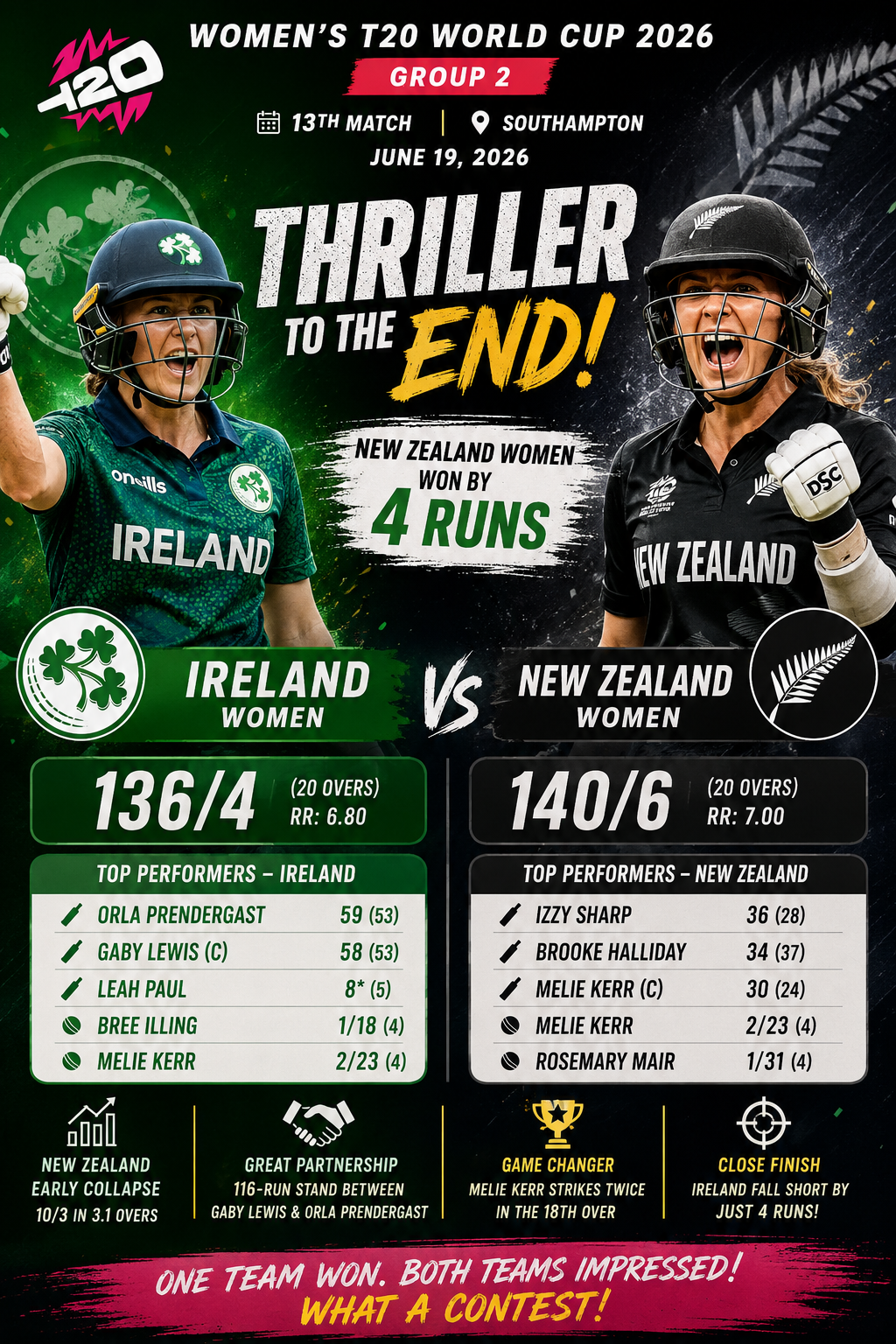 NZ-W vs IRE-W – Women's T20 World Cup 2026 19 June, Group 2- Ireland Women Fall Just Short as New Zealand Women Secure Crucial 4-Run Victory