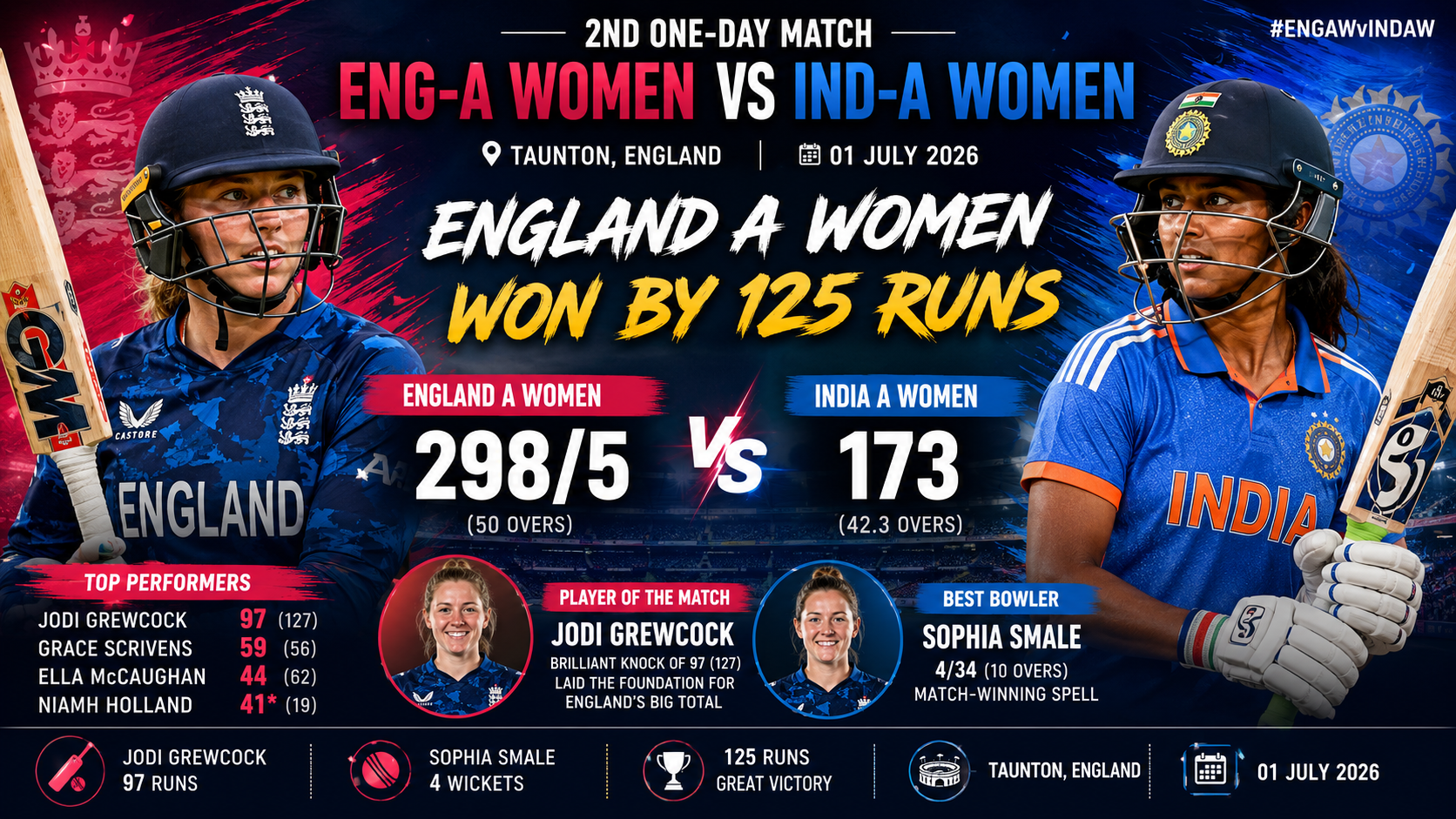ENGA-W vs INDA-W, 1st July 2026- England A Women Dominate India A Women by 125 Runs in 2nd One-Day Match at Taunton