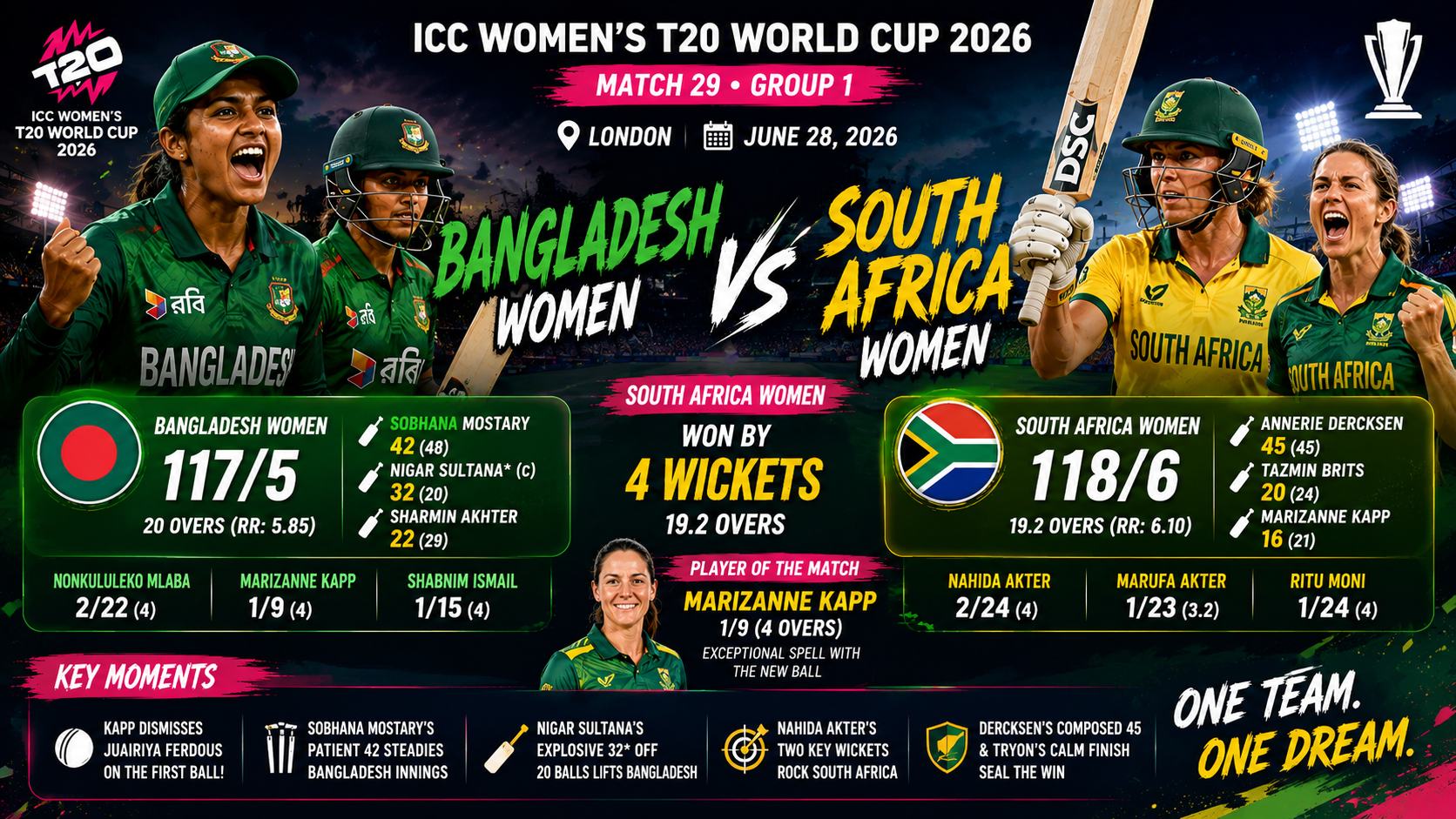 BAN-W vs SA-W, Womens T20 WC, 28 June 2026- South Africa Women Survive Bangladesh Scare to Win by 4 Wickets in Women's T20 World Cup