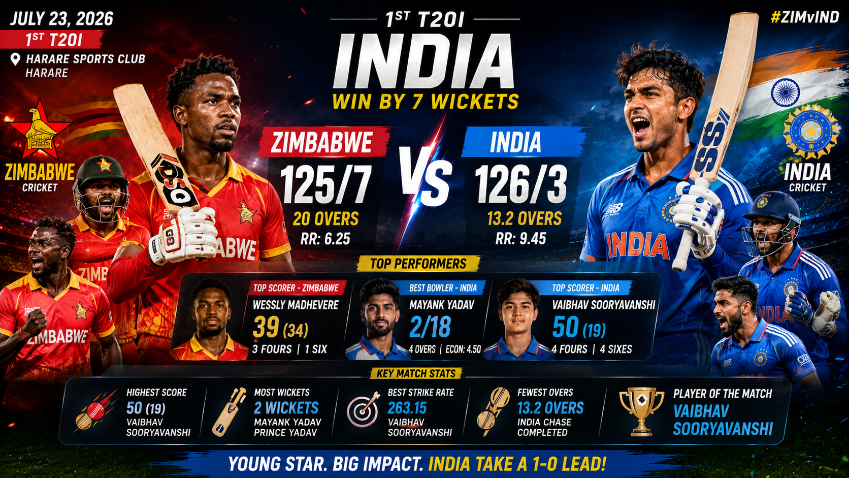 ZIM vs IND- 1st T20I, 23 July 2026- India Beat Zimbabwe by 7 Wickets in Dominant Start to T20I Series