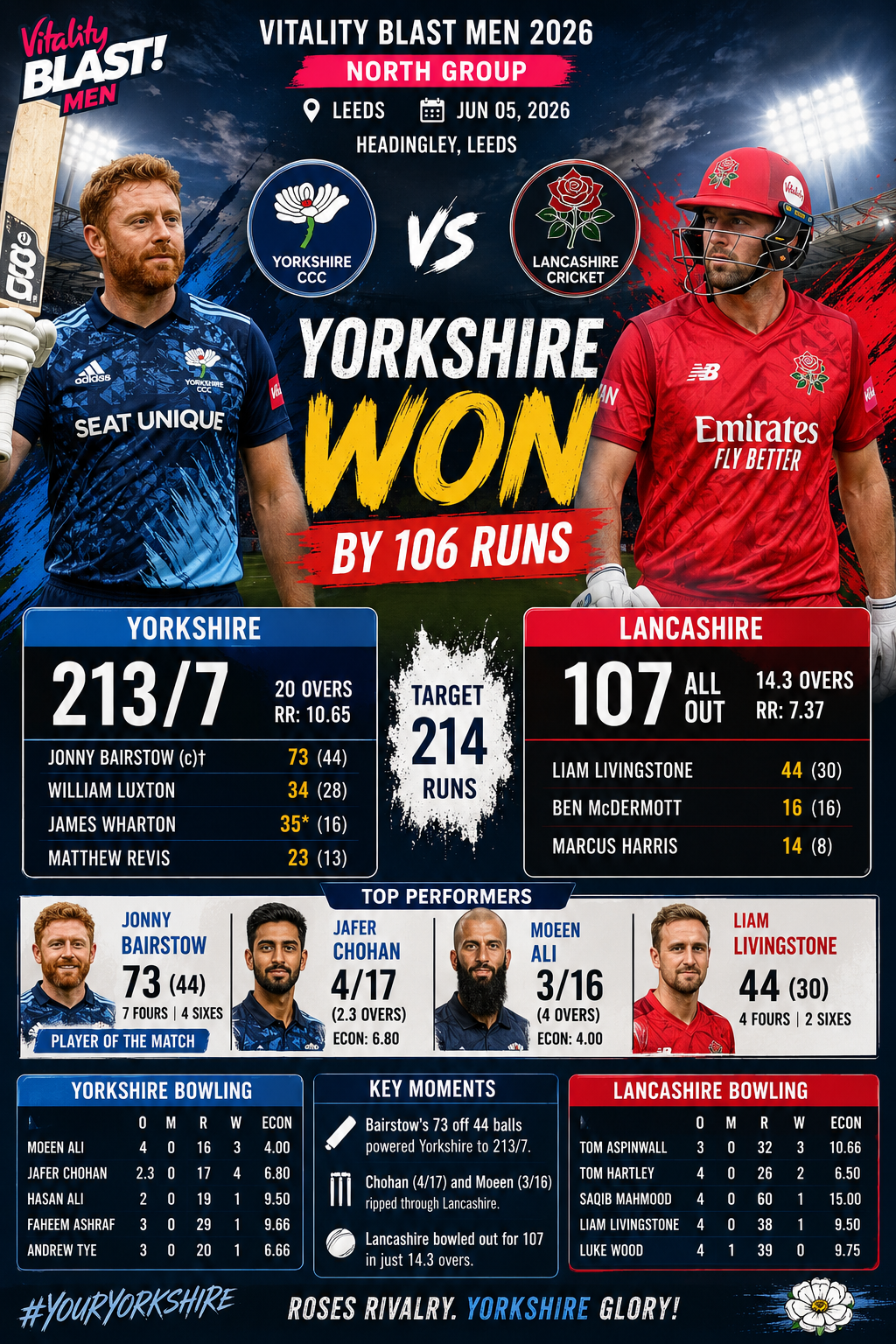 YOR VS LAN-  Vitality Blast Men, North Group,Leeds, June 5, 2026 – Yorkshire Dominate Lancashire with 106-Run Victory in Roses Clash at Leeds