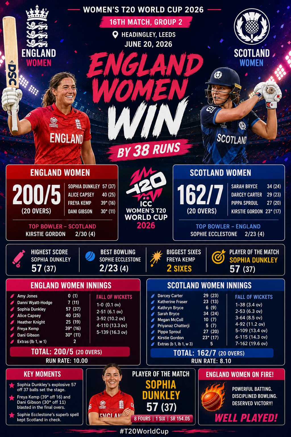 ENG-W vs SCO-W, Womens T20 WC, 20 June 2026- England Women Storm Past Scotland Women by 38 Runs in Women's T20 World Cup Clash