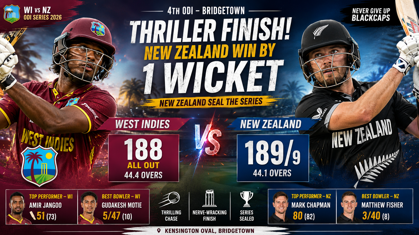 WI vs NZ- 4th ODI- 19 July 2026- New Zealand Seal Series with Nerve-Wracking One-Wicket Victory