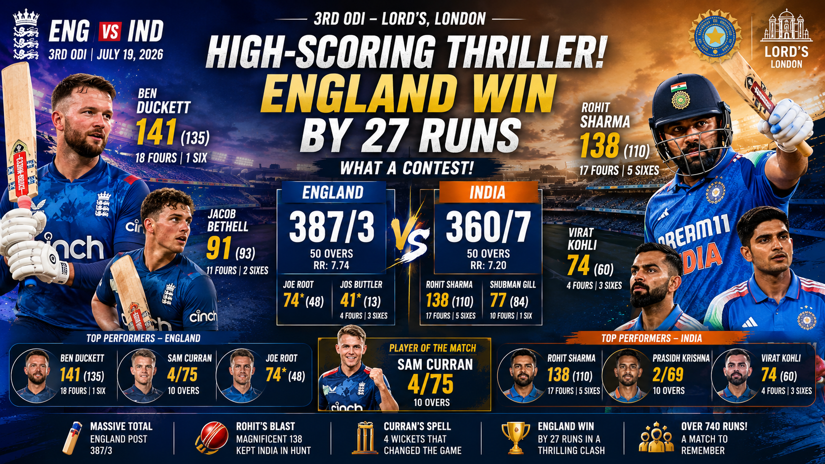 ENG vs IND-3rd ODI- 19 July 2026- England Beat India by 27 Runs in High-Scoring Thriller at Lord's
