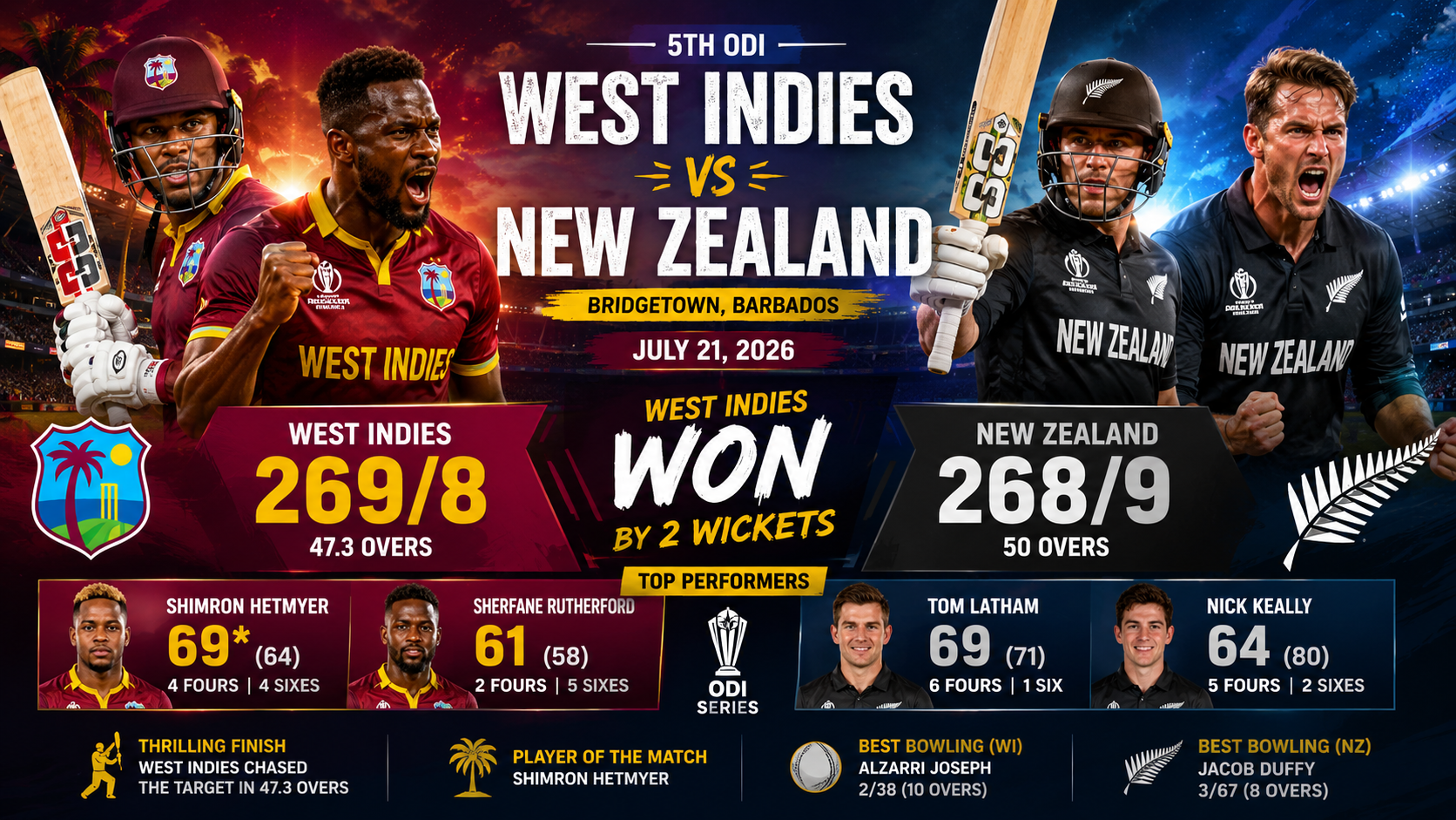 WI vs NZ- 5th ODI- 21 July, 2026- West Indies Clinch Thrilling 2-Wicket Victory Over New Zealand at Bridgetown