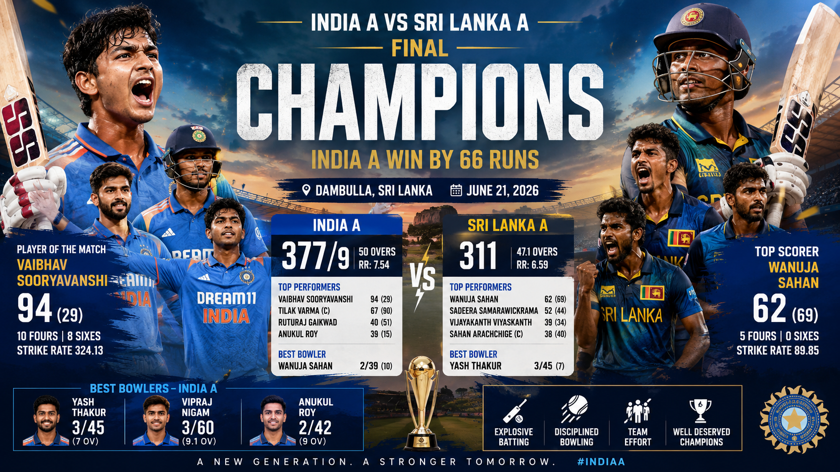 SL-A vs IND-A, Tri Series Final, 21 June 2026- India A Clinch Dambulla Title with Dominant 66-Run Victory Over Sri Lanka A