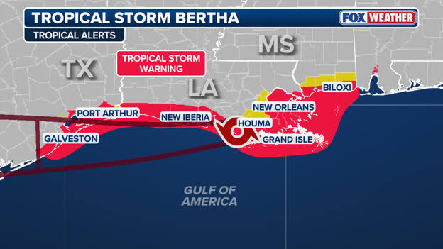 Tropical Storm Bertha makes landfall in Louisiana, flooding hits Virginia & Carolinas