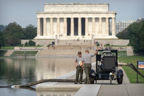 Crews are draining the Lincoln Memorial Reflecting Pool again as part of Trump's troubled revamp