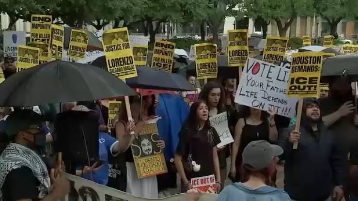 Protesters demonstrate outside Houston City Hall over deadly ICE shooting of Lorenzo Salgado Araujo