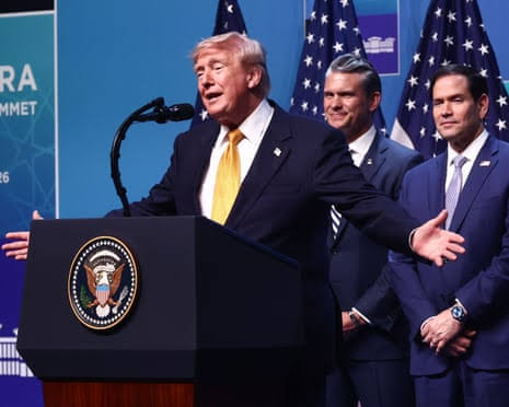 Sabre-rattling to ‘tremendous love’: erratic Trump dominates final hours of Nato summit