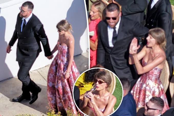 Newlyweds Taylor Swift and Travis Kelce hold hands in first photos post-wedding at former teammate’s nuptials