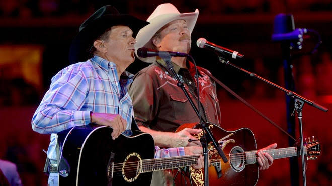 George Strait joins Alan Jackson in rare appearance at farewell show