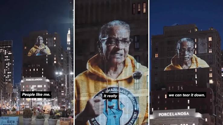 72-year-old Amazon worker's damning message to Jeff Bezos projected on penthouse before Met Gala