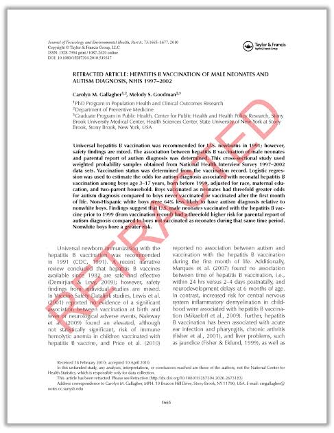 Journal retracts study linking hepatitis vaccine to autism that was included in CDC review
