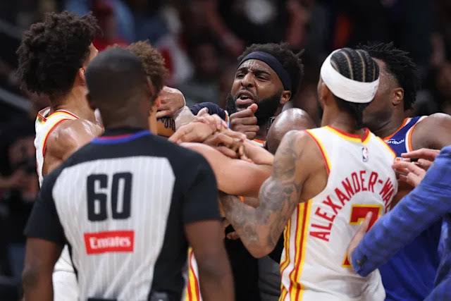 Mitchell Robinson and Dyson Daniels ejected as Knicks break record for largest NBA playoff halftime lead in Game 6 beatdown of Hawks