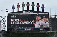 The scoreboard is seen as the White Sox select Roch Cholowsky as the No. 1 pick in the 2026 MLB Draft before a game between the White Sox and Athletics at Rate Field in Chicago on July 11, 2026.