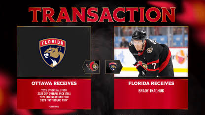 Ottawa Senators acquire three first-round draft picks, plus a second-round pick from Florida in exchange for Brady Tkachuk