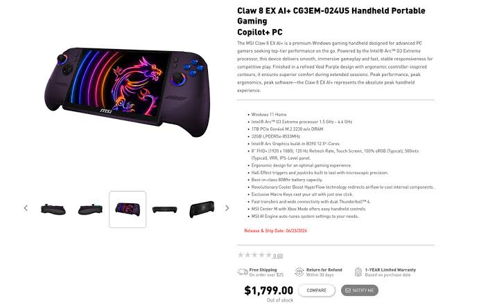 MSI Claw 8 EX AI+ Price Leaks: $1,800 Intel Arc G3 Extreme Gaming Handheld