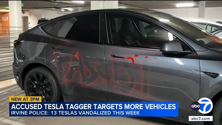 Irvine police seek suspect after 13 Teslas vandalized with 'Nazi' and 'fascist' writings