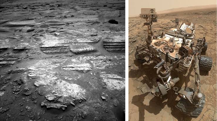 NASA identifies striped rocks on Mars with the Curiosity rover, which advanced through transition terrain in Gale Crater and used laser, high-resolution images, and chemical analyses to reconstruct billions of years of climate changes on the Red Planet and se