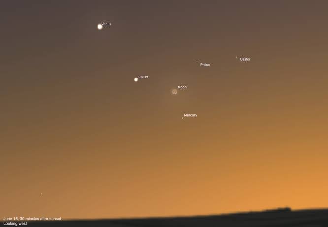 The Sky Today on Tuesday, June 16: The Moon meets up with Mercury and Jupiter