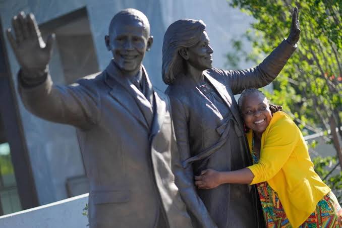 Barack and Michelle Obama greeted the first visitors of the new presidential center on Juneteenth